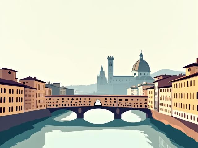 Un'illustrazione stilizzata del centro storico di Firenze, con il Duomo e l'Arno, elementi tipici della Toscana.