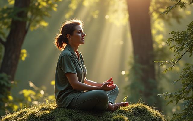 Donna che medita serenamente in una foresta di querce al sole della Toscana.