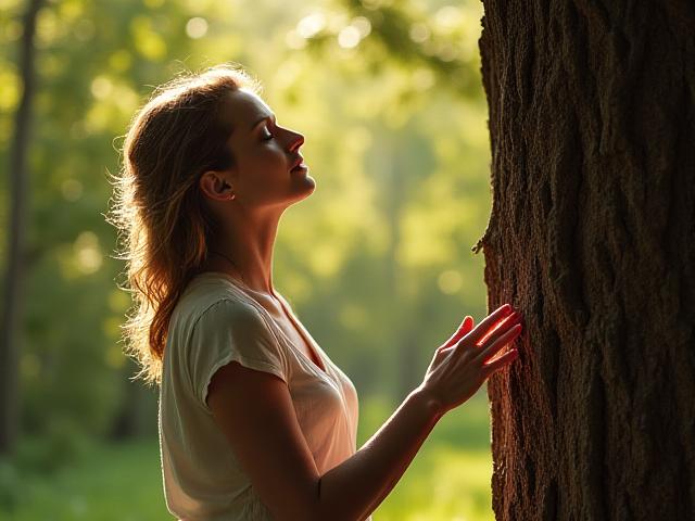 Donna che pratica forest bathing in un bosco toscano